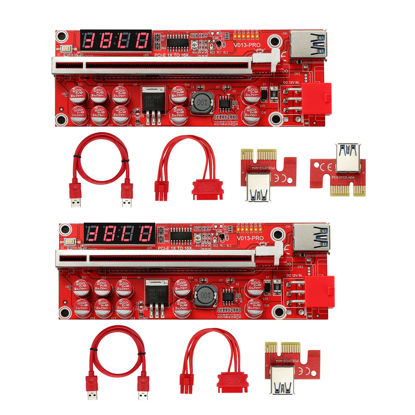 Picture of MZHOU 2PACK PCI-E GPU Riser Card for Bitcoin Ethereum ETH Mining 1x to 16x Graphics Risers Card with 10 Solid Capacitors/Temperature Probe/RGB LED Light/60cm USB 3.0 Cable(Red VER013 Pro)