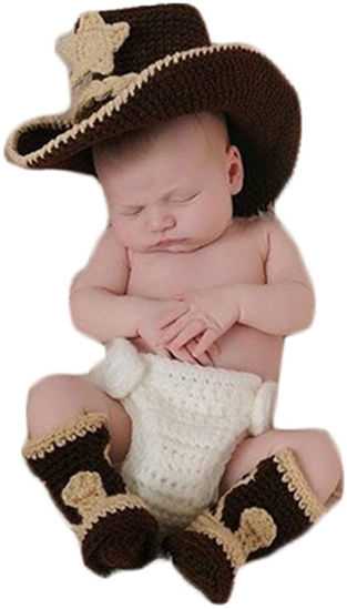 Picture of Newborn Baby Photography Props Boy Girl Photo Shoot Crochet Knitted Cowboy Hat Diaper Outfits