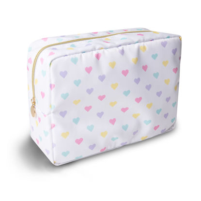 Picture of Waterproof Large Makeup Bag Pouch,Nylon Women Travel Toiletry Storage Bag Big Makeup Organizer Bag for Girls,Preppy Cosmetic Bag Cute Zipper Skincare Bag for Sport School Work Gift(Large-White Heart)