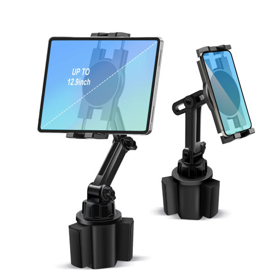 Picture of Cup Holder Car Tablet Mount, 360° Adjustable 2-Arm Stand Holder for iPad Pro 12.9/11/10.5/9.7/Air/Mini 6/5/4, Samsung Galaxy Tab/Z Fold 4/3, Amazon Fire HD, iPhone 14/13/Pro, 4.7-12.9" Tab & Phone