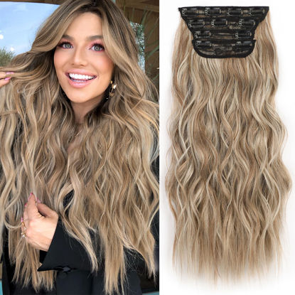 Picture of ALXNAN Clip in Long Wavy Synthetic Hair Extension 4PCS Thick Hairpieces Fiber Double Weft Hair for Women … (20 Inch, Light Brown Mixed Blonde)