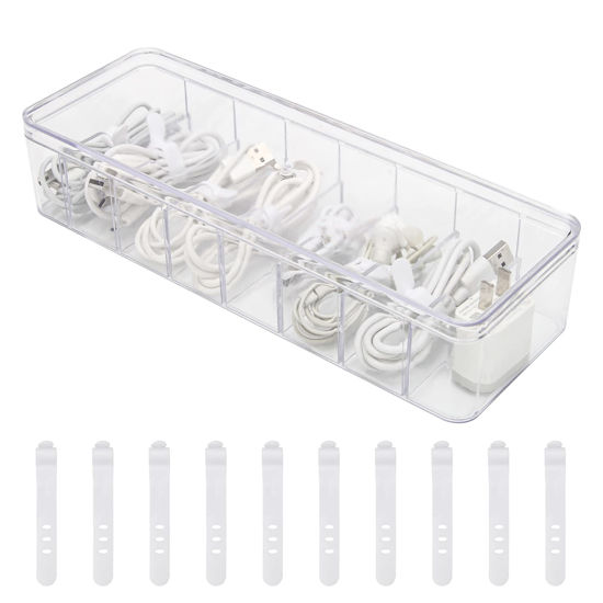 Picture of Wiwaplex Cable Organizer Storage Box Plastic Cable Cord Management Box Power Cord Organizer Case with 10Pcs Rubber Ties for Office, Home, Desk Accessories Storage Stationery Supplies