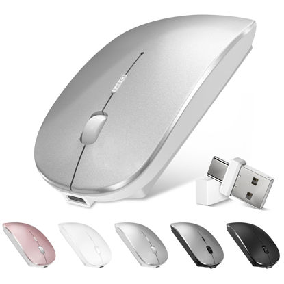 Picture of Bluetooth Wireless Mouse for MacBook Air Mac Pro Laptop Computer iPad Pad PC Optical Rechargeable Silent Mouse with Dual Mode Switch Mouse Bluetooth 5.2/3.0 and 2.4GHz USB Type-C Receiver (Silvery)