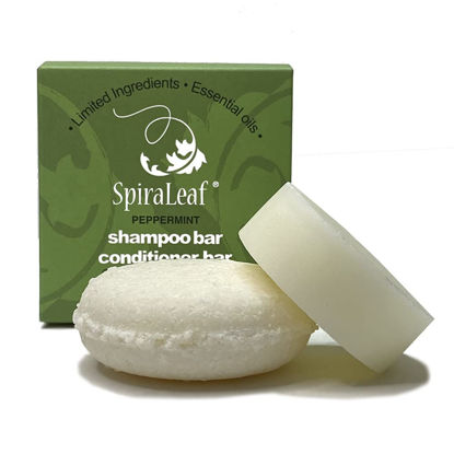 Picture of SpiraLeaf Shampoo Bar & Conditioner Bar Set, PEPPERMINT Pure Essential Oils, Light Scent, Limited Ingredients, Concentrated Formula, Made USA, Zero Waste, Color-Fragrance Free, Travel Ready