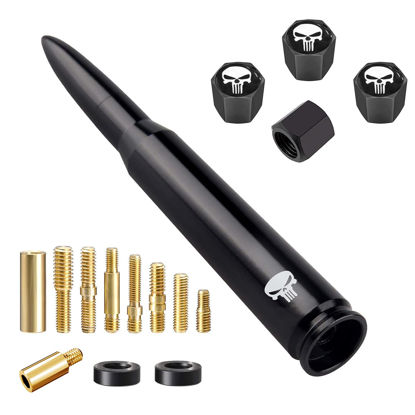 Picture of Car Truck Bullet Antenna with Valve Stem Caps, Universal Short Antenna Mast for Pickup Ford F150 F250 F350 Denali Heavy Duty GM Chevy Silverado 1500 2500 3500 HD Avalanche Car Accessories (Skull)