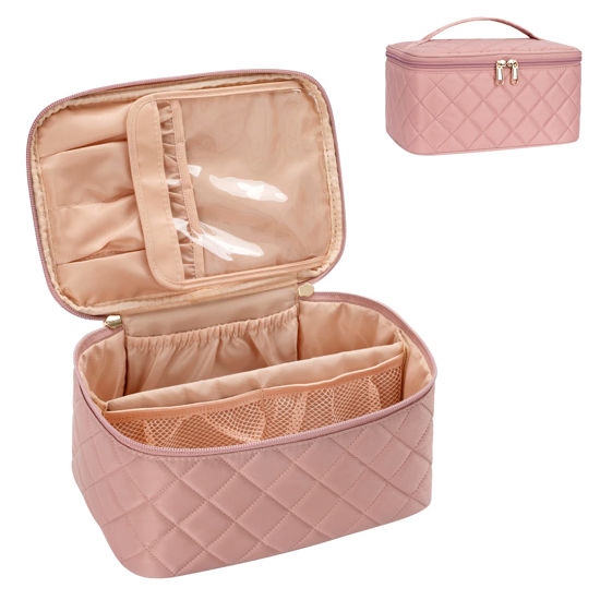 Picture of OCHEAL Makeup Bag, Portable Cosmetic Bag, Large Capacity Travel Makeup Case Organizer, Pink Makeup Bags For Women Toiletry Bag for Girls Traveling With Handle and Divider-Pink