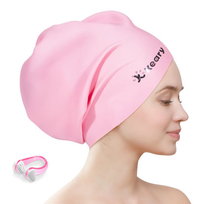 Picture of Extra Large Swim Cap for Braids and Dreadlocks Afro Hair Extensions Weave Long Hair, Waterproof Silicone Cover Ear Bath Pool Shower Swimming Cap for Women Men Youth Kids Girl to Keep Hair Dry, Pink