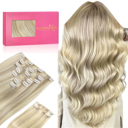 Picture of WENNALIFE Clip in Hair Extensions Real Human Hair, 24 Inch 150g 9pcs Haman Hair Extensions Clip In, Ash Blonde Highlighted Platinum Blonde Hair Extensions Clip In Real Hair Coloured Remy Human Hair Extensions