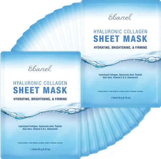 Picture of Ebanel 20 Pack Collagen Peptide Hydrating Face Masks, Instant Brightening Firming Anti Aging Face Sheet Masks, Moisturizing Spa Face Masks Skincare with Hyaluronic Acid, Vitamin C, Chamomile, Aloe