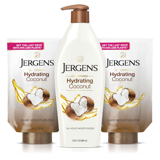 Picture of Jergens Coconut Oil-Infused Hand and Body Moisturizer, Soothing Full-Body Moisture, with Hydrating Coconut, Oil-Infused Lotion, 16.8 oz plus 2 - 8 oz Refills, 3 Piece set