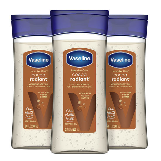 Picture of Vaseline Intensive Care Cocoa Radiant For Glowing Skin 3 Count Body Gel Oil Body Oil Made with 100% Pure Cocoa Butter + Replenishing Oils 6.8oz