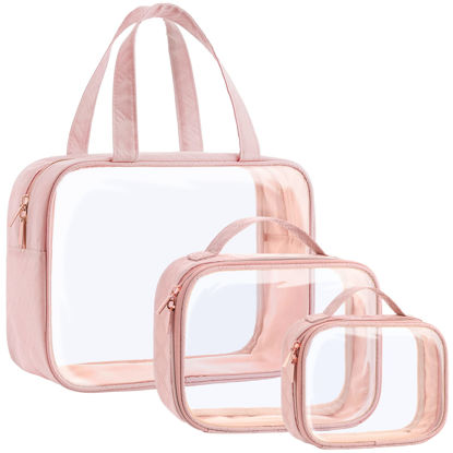 Picture of PACKISM Clear Toiletry Bags, 3 Pack Clear Makeup Bags with Handle Large Opening, Waterproof Clear Cosmetic Bags Fit Carry-on Travel Essentials, Travel Accessories Clear Travel Bags, Pink