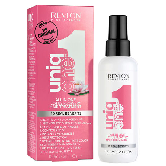 Picture of REVLON PROFESSIONAL UNIQONE HAIR TREATMENT, Moisturizing Leave-In Product, Repair For Damaged Hair, Promotes Healthy Hair, Lotus Flower Fragrance, 5.1 Fl Oz (Pack of 1)