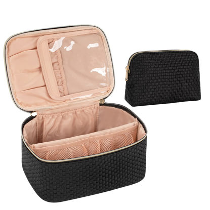 Picture of OCHEAL Makeup Bag Set of 2, Large Makeup Bag Organizer & Small Cosmetic Bag Multifunctional Make Up Bags Cosmetics Toiletry Brushes Storage Pouch for Women Girls Makeup Case -Black Braided