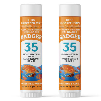 Picture of Badger Kids Sunscreen Stick SPF 35 with Mineral Zinc Oxide, Travel Size Sunscreen Stick for Kids, 97% Organic Ingredients, Reef Friendly, Broad Spectrum, Water Resistant.65 oz (2 Pack)