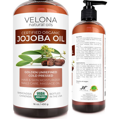 Picture of velona Jojoba Oil USDA Certified Organic - 16 oz (With Pump) | 100% Pure and Natural | Golden, Unrefined, Cold Pressed, Hexane Free | Moisturizing Face, Hair, Body, Skin Care, Stretch Marks, Cuticles