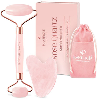 Picture of Rose Quartz Face Roller and Rose Quartz Gua Sha Set - Certified Rose Quartz Roller and Gua Sha Set - Face Rollers for Women for Your Skincare Routine by Plantifique