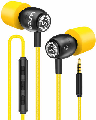 Picture of LUDOS Clamor Wired Earbuds in-Ear Headphones, 5 Years Warranty, Earphones with Microphone, Noise Isolating Ear Buds, Memory Foam for iPhone, Samsung, School Students, Kids, Women, Small Ears - Yellow