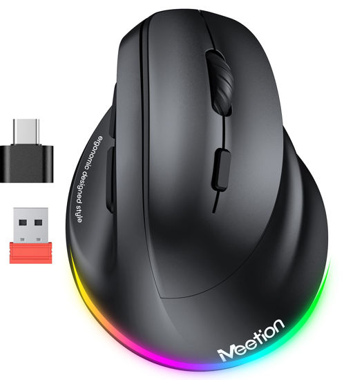 Picture of MEETION Ergonomic Mouse, Wireless Vertical Mouse RGB Backlit Rechargeable Mice for Bluetooth(5.2 + 3.0) & USB-A with USB-C Adapter 4 Adjustable DPI Compatible Mac/Windows/Andriod/PC/Tablet/iPad Black