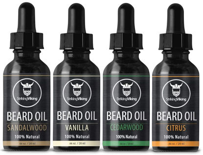 Picture of Striking Viking Beard Oil 4 Pack - Softening and Conditioning Beard Oil for Men - Citrus, Vanilla, Sandalwood, & Cedarwood Variety Scents - Enriched with Argan, & Jojoba Oils