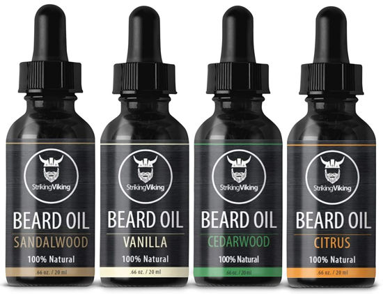 Picture of Striking Viking Beard Oil 4 Pack - Softening and Conditioning Beard Oil for Men - Citrus, Vanilla, Sandalwood, & Cedarwood Variety Scents - Enriched with Argan, & Jojoba Oils