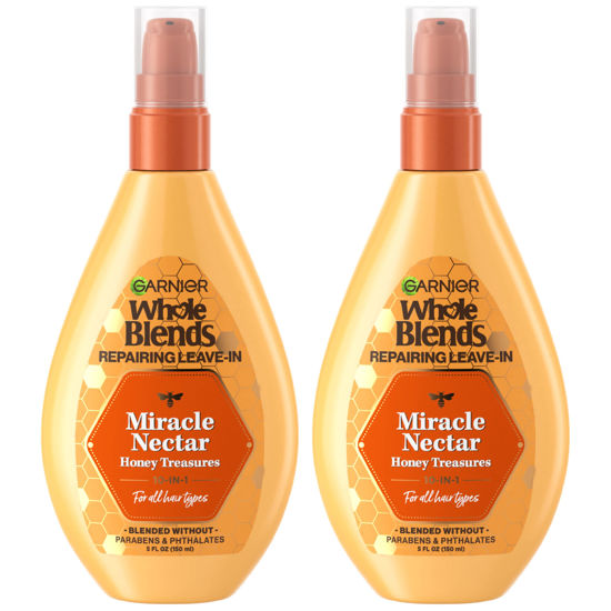 Picture of Garnier Whole Blends Sulfate Free Remedy Miracle Nectar 10-in-1 Repairing Leave-In Conditoner for All Hair Types, Honey Treasures, 5 Fl Oz, 2 Count (Packaging May Vary)