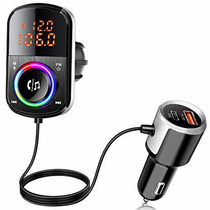 Picture of [2022 Version] Bluetooth FM Transmitter 5.0, Bluetooth Car Transmitter with 2 USB QC3.0 PD18W Quick Charge, Handsfree Car Kit with 9 LED Modes, LED Display, Support 64 G TF Card, Voice Assistant