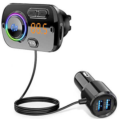 Picture of Bluetooth Car Adapter, QC3.0 Fast Car Charger Bluetooth 5.0 FM Transmitter for Car Wireless Radio Stereo Audio Receiver,MP3 Music Player Hand-Free Call 7 Colors LED Backlit Dual USB Ports TF Card AUX