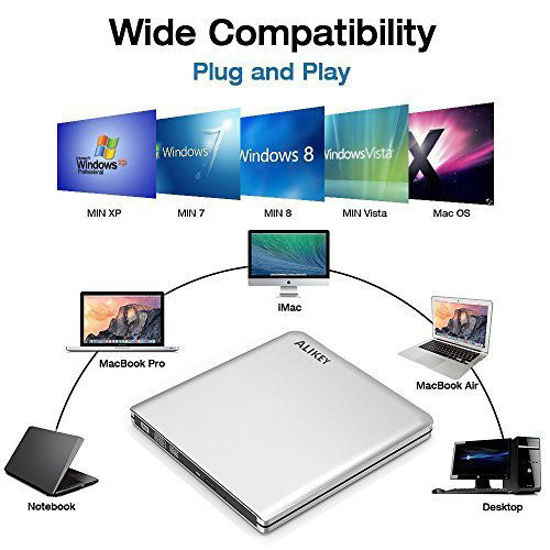 Picture of External DVD Drive,ALIKEY USB 3.0 CD/DVD-RW Writer Burner All-aluminum Ultra Slim Portable DVD Drive for Laptop and Desktop PC Windows Linux OS Apple Mac Macbook Pro (Silver)