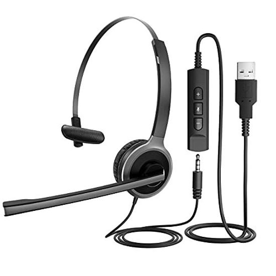 Picture of USB Headset with Mic, Wired PC Headset with 270° Noise Canceling Microphone for Left Ear/Right Ear, Online Skype Conference, Cell Center, 3.5mm&USB Jack, Volume Control