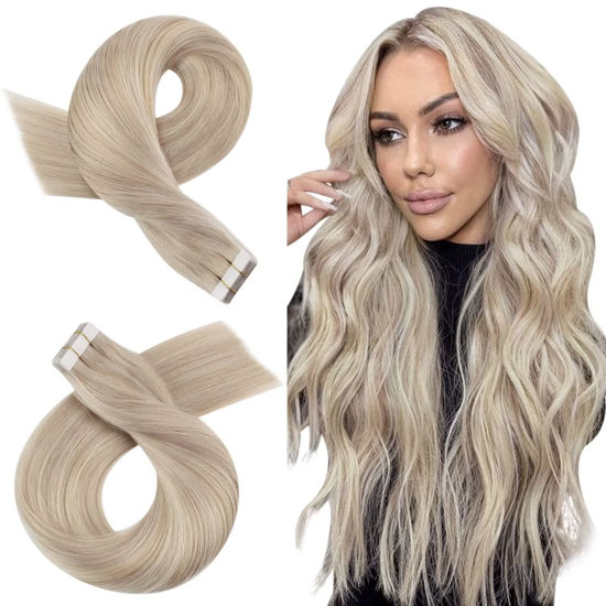 Picture of Moresoo Tape in Blonde Highlighted Extensions 10 Inch Tape in Hair Extensions Human Hair 20pcs Invisible Tape in Extensions #18P613 Ash Blonde Highlight with Bleach Blonde Tape in Remy Hair 30g