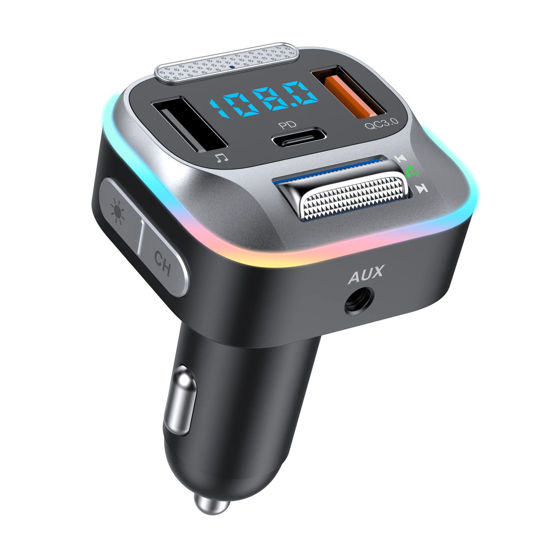 Bluetooth Car Adapter, Wireless Bluetooth 5.0 FM Transmitter for Car, QC  3.0 Fast Car Charger, MP3 Music Player Hand-Free Call 7 Colors LED Backlit