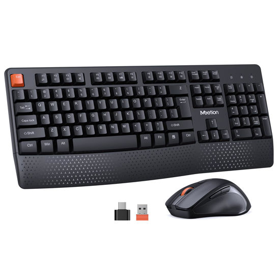 Picture of MEETION Wireless Keyboard and Mouse, Ergonomic Keyboard Mouse, 3 DPI Adjustable USB A and USB C Adapter Full-Sized Cordless Keyboard and Mouse, Wrist Rest for PC/Computer/Laptop/Windows/Mac, Black