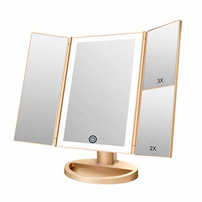 Picture of WEILY Lighted Vanity Makeup Mirror 1x/2x/3x Magnification Trifold with 36 LED Lights Touch Screen and USB Charging, 180 Degree Adjustable Stand for Countertop Cosmetic Makeup Mirror(Gold)