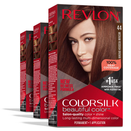 Picture of Permanent Hair Color by Revlon, Permanent Red Hair Dye, Colorsilk with 100% Gray Coverage, Ammonia-Free, Keratin and Amino Acids, Red Shades, 44 Medium Reddish Brown (Pack of 3)