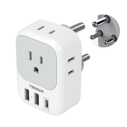Picture of TESSAN South Africa Power Adapter, Type M Plug Adaptor with 4 American Outlets 3 USB Charger (1 USB C Port) for US to Bhutan Botswana Namibia Nepal