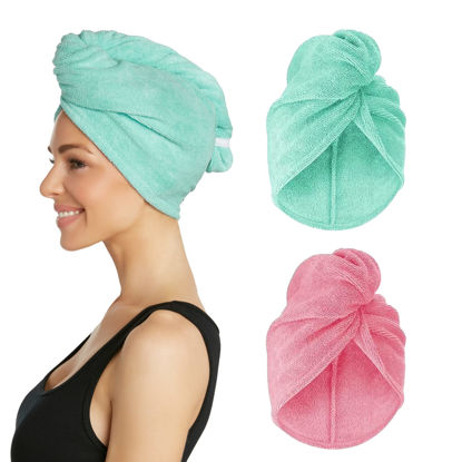 Picture of Turbie Twist Extra Long Microfiber Hair Towel Wrap for Women and Men | 2 Pack | Bathroom Essential Accessories | Quick Dry Hair Turban for Drying Curly, Long & Thick Hair (Pink, Mint)