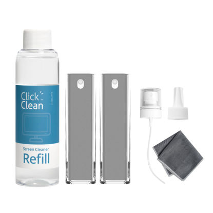 Picture of Click Clean Screen Cleaner Kits - 2 All-in-One Screen Cleaner with 4 oz Cleaner Refill, 1 Microfiber Cloth(7.8 x 7.8in), 1 Mini Refill Funnel, and 1 Sprayer - for All Phones, Laptop and Tablet Screens