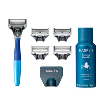 Picture of Harry's Razors for Men - Men's Razor Set with 5 Razor Blade Refills, Travel Blade Cover, 2 oz Shave Gel (Ocean Blue)