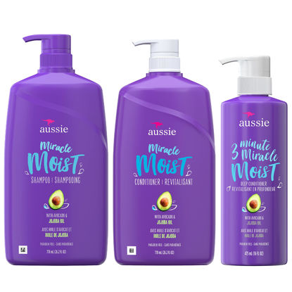 Picture of Aussie Miracle Moist Shampoo, and 3 Minute Miracle Deep Conditioner Hair Treatment Bundle, Infused with Avocado & Australian Jojoba Oil, Paraben Free, White, Citrus, 3 Piece Set