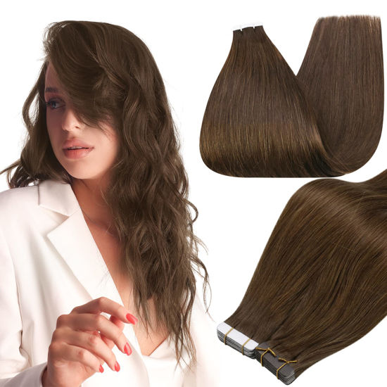 Picture of Full Shine Tape in Hair Extensions Color 4 Medium Brown Skin Weft Tape ins 30 Gram 10 Inch Invisible Straight Remy Human Hair Tape in Natural Human Hair Extensions 20 Pcs