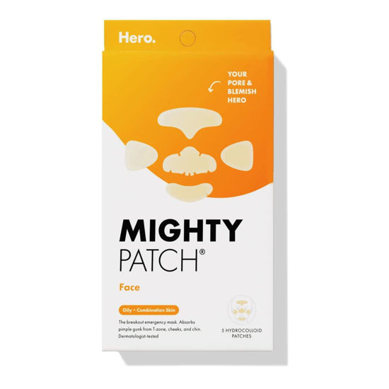 Picture of Mighty Patch Face from Hero Cosmetics - XL Hydrocolloid Face Mask for Acne, 5 Large Pimple Patches for Zit Breakouts on Nose, Chin, Forehead & Cheeks - Vegan-Friendly, Not Tested on Animals (1 Count)