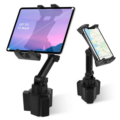 Picture of Cup Holder Car Tablet Mount, Universal 360° Rotation Adjustable Long Arm Holder Stand for iPad Pro 12.9/11/10.5/9.7/Air/Mini 6/5/4, Samsung Galaxy Tab/Z Fold 4/3, Amazon Fire HD, 4.7-12.9" Tab & Phone