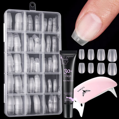 Picture of Short Nail Tips Coffin Nails - Ejiubas 300PCS Extra Short Soft Gel Nail Tips, Nail Gel with Portable Nail Lamp, Easy DIY Nail Art Valentines Day Gifts Nail Extension Kit