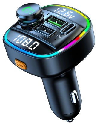 Picture of Bluetooth FM Transmitter for Car, 2023 Upgraded Bluetooth Car Adapter Cigarette with PD 20W + QC 3.0 three port, Support Handsfree Call, 7 Color Lights, Dual LED Display, Siri Google Assistant, U Disk