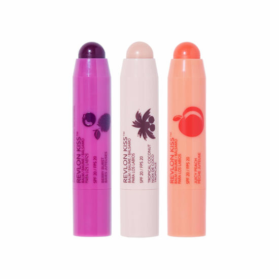 Picture of Revlon Lip Balm, Kiss Tinted Lip Balm, Face Makeup with Lasting Hydration, SPF 20, Infused with Natural Fruit Oils, 3 Piece Set, Juicy peach, Berry Burst & Coconut, 0.09 Oz