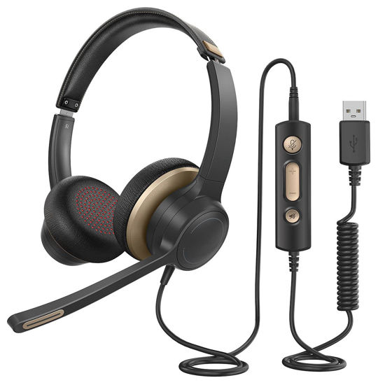 Picture of USB Headset with Microphone for PC/Mac/Laptop, Noise Canceling Computer Headset for Office, Meetings, Boom Skype Webinars, Clearer Voice, in-line Control, Lightweight-Gold