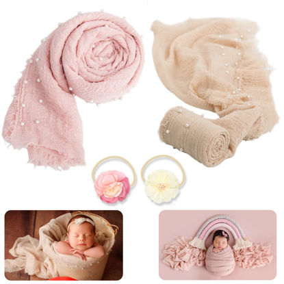 Picture of 4 PCS Newborn Photography Props Wrap Knit Handmade Pearl Decor Wrap Blanket Swaddle Baby Photo Props Baby Photoshoot Props Prop 2PCS Newborn Photography Wraps + 2PCS Headband(Snow Powder/Beige)