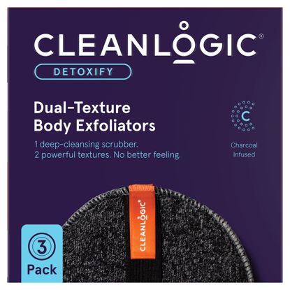 Picture of Cleanlogic Detoxify Purifying Charcoal Infused Exfoliating Body Scrubber, Dual-Texture Round Exfoliator Tool for Smooth, Clean Skin, Daily Skincare Routine, 3 Count Value Pack