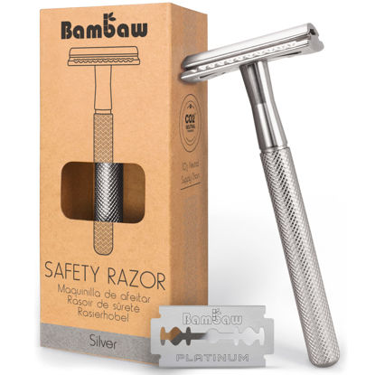 Picture of Bambaw Double Edge Safety Razor for Men & Women, Metal Razor with a Stainless Steel Blade, Eco-Friendly Razor - Silver